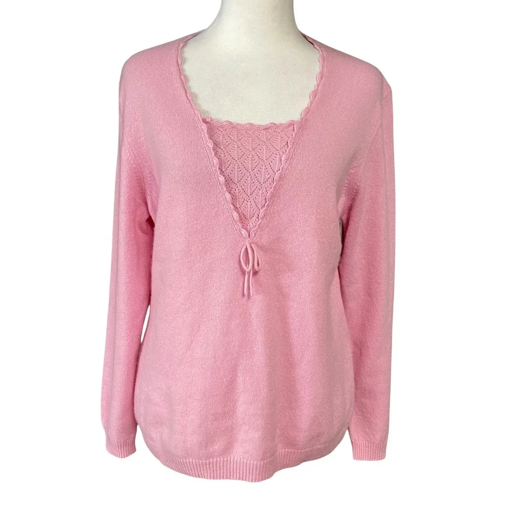 ERDOS Sweater Womens 105 Pink Cashmere Blend V Neck Bow Knit Pullover Top